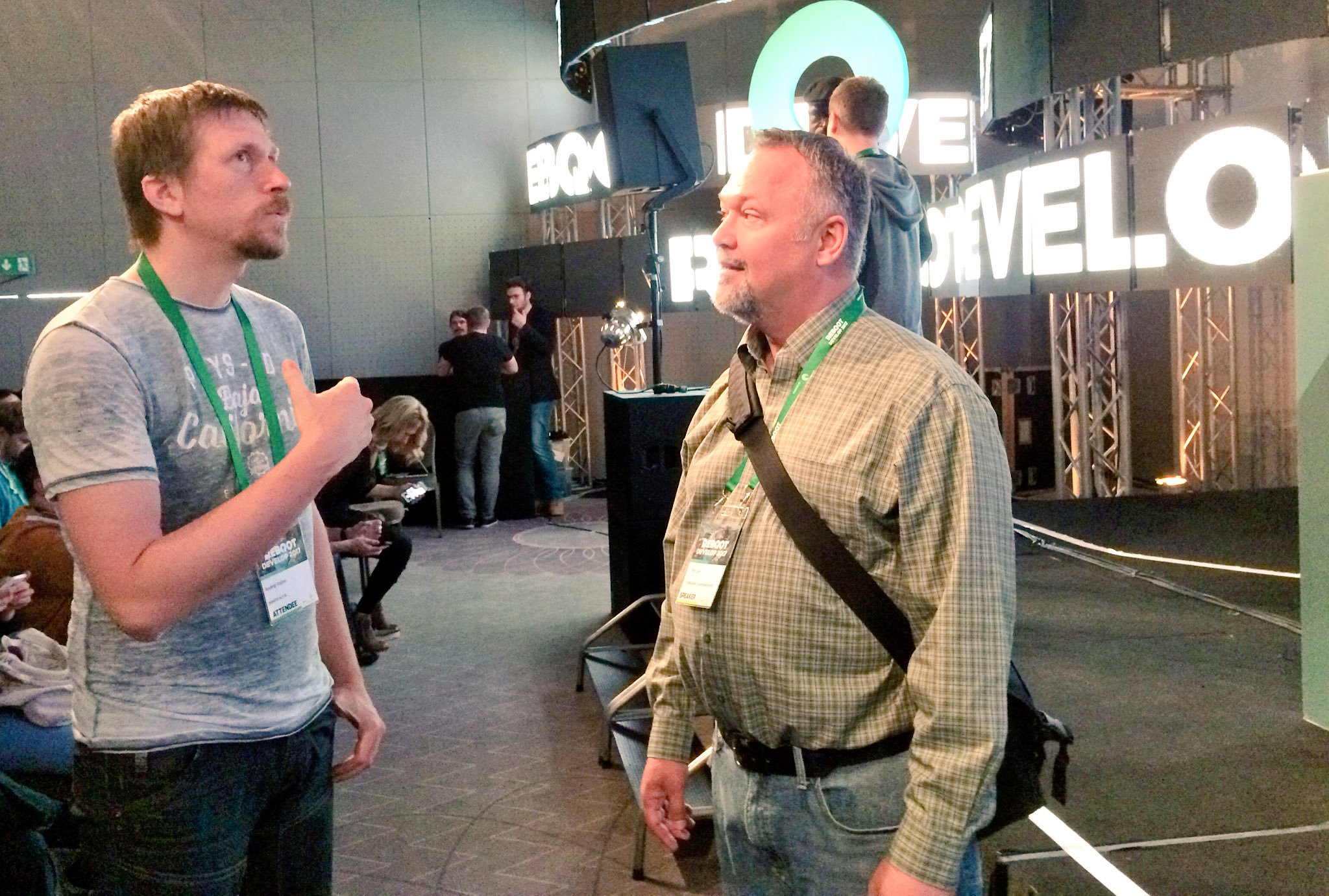 Andrej talking to Tim Cain at Reboot Develop